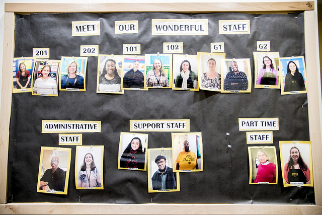 A bulletin board in the Child Development Center that lists faculty and staff, including pictures, as well as the classroom where they teach, if applicable.